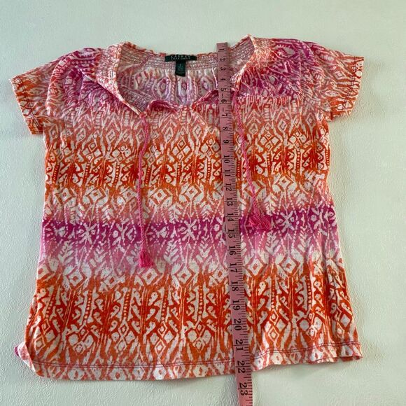 Lauren Ralph Lauren Top Small Pink Orange Ikat Print Tassel Peasant Blouse Boho - Picture 5 of 5